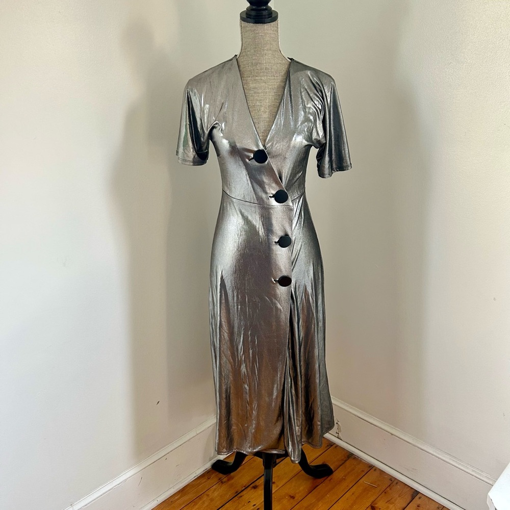 NWT ASOS Silver Metallic Midi Dress Big Button Size 4